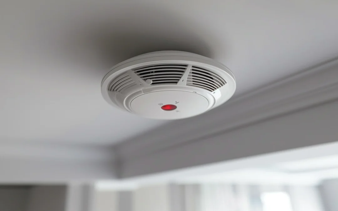 Ceiling-mounted fire detection system smoke alarm.